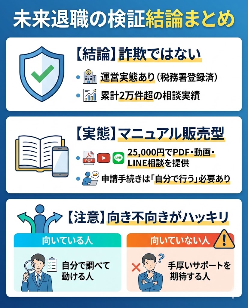 未来退職の検証結論まとめ図解。詐欺ではなく実態のあるサービスだが、マニュアル販売型のため自分で手続きが必要で、向き不向きがあることを解説。
