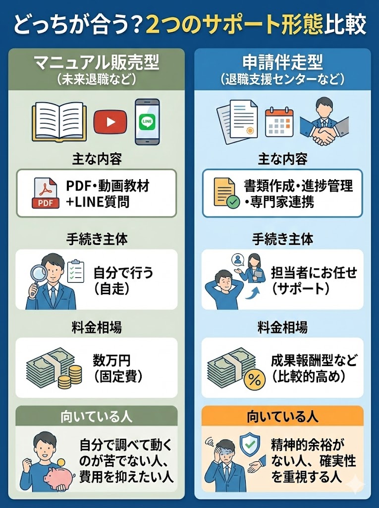 マニュアル販売型と申請伴走型のサービス比較図解。サポート内容、手続きの主体、料金相場、向いている人の違いを左右対称で解説。