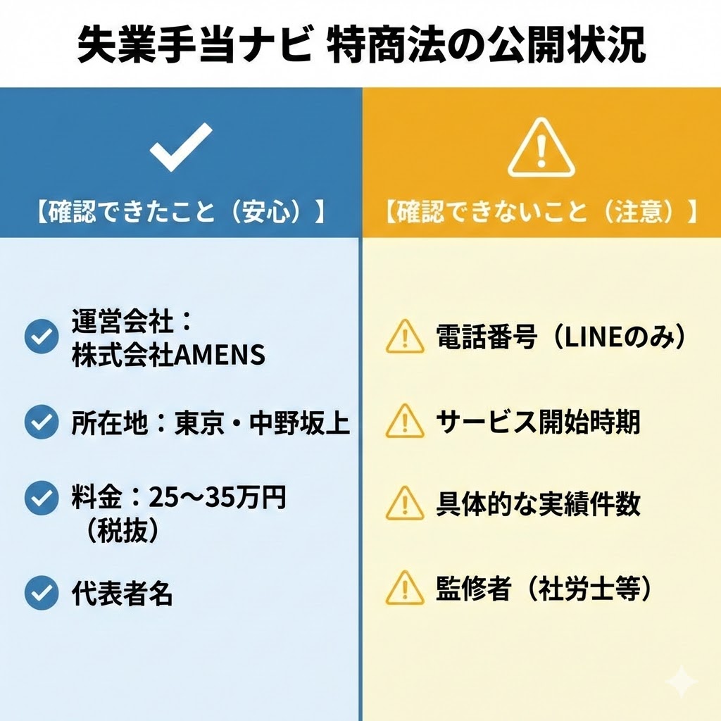 失業手当ナビの特定商取引法に基づく表記の確認結果。運営会社や料金は公開されているが、電話番号や実績、監修者は不明確であることを図解。