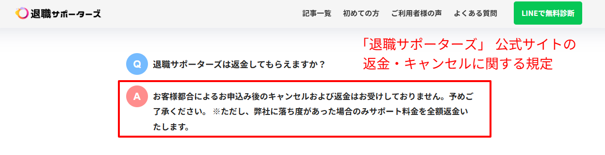 退職サポーターズの返金・キャンセルに関する規定