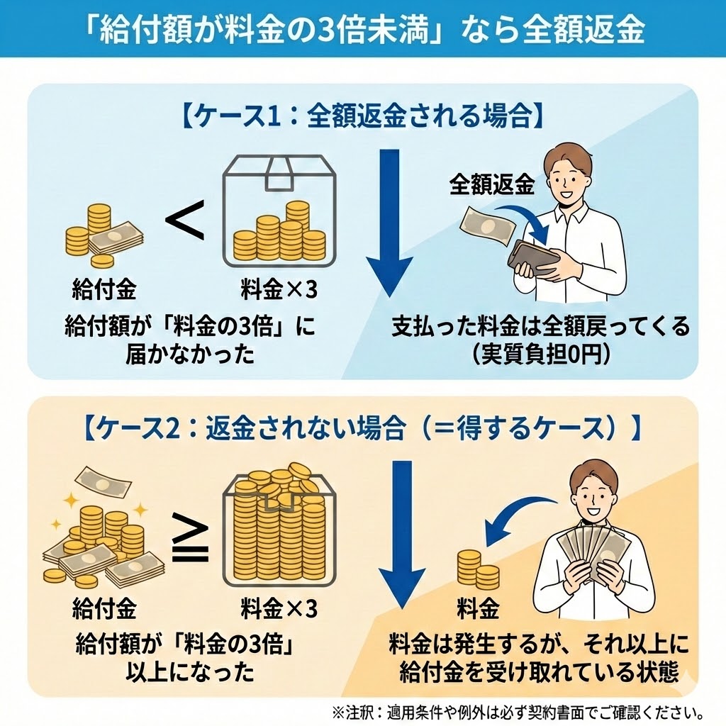 YELL!!給付金サポートの返金保証の仕組み図解。給付額がサポート料金の3倍未満の場合に全額返金される条件を視覚的に解説。