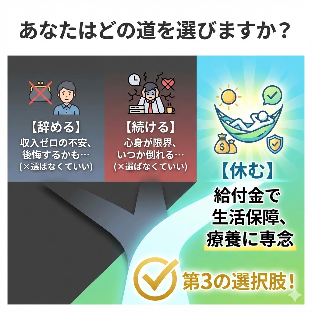 辞める、続ける以外の第3の選択肢「休む」。給付金を受け取りながら療養に専念するメリットを図解。