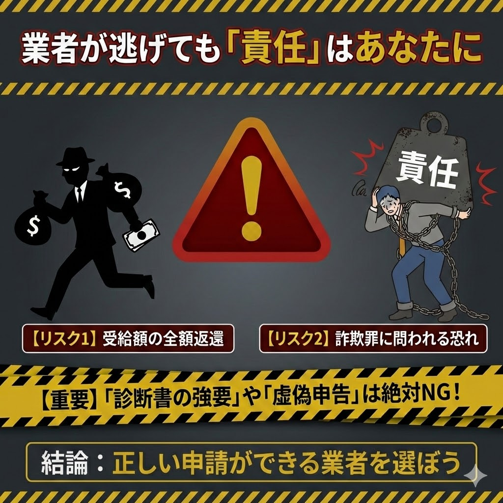 不正受給のリスク警告。業者が逃亡しても申請者本人に全額返還義務や法的責任が発生することを図解。