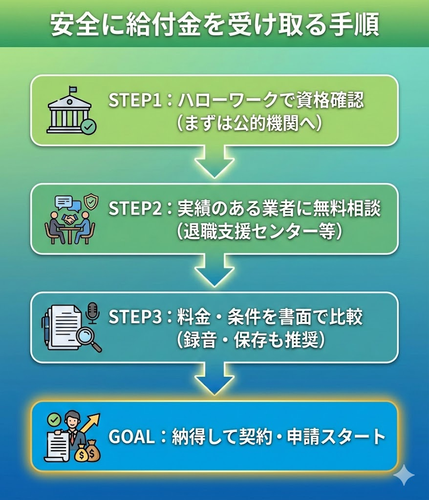 安全な給付金申請までの4ステップ。ハローワーク確認、実績ある業者への相談、書面確認を経て契約する流れを解説。