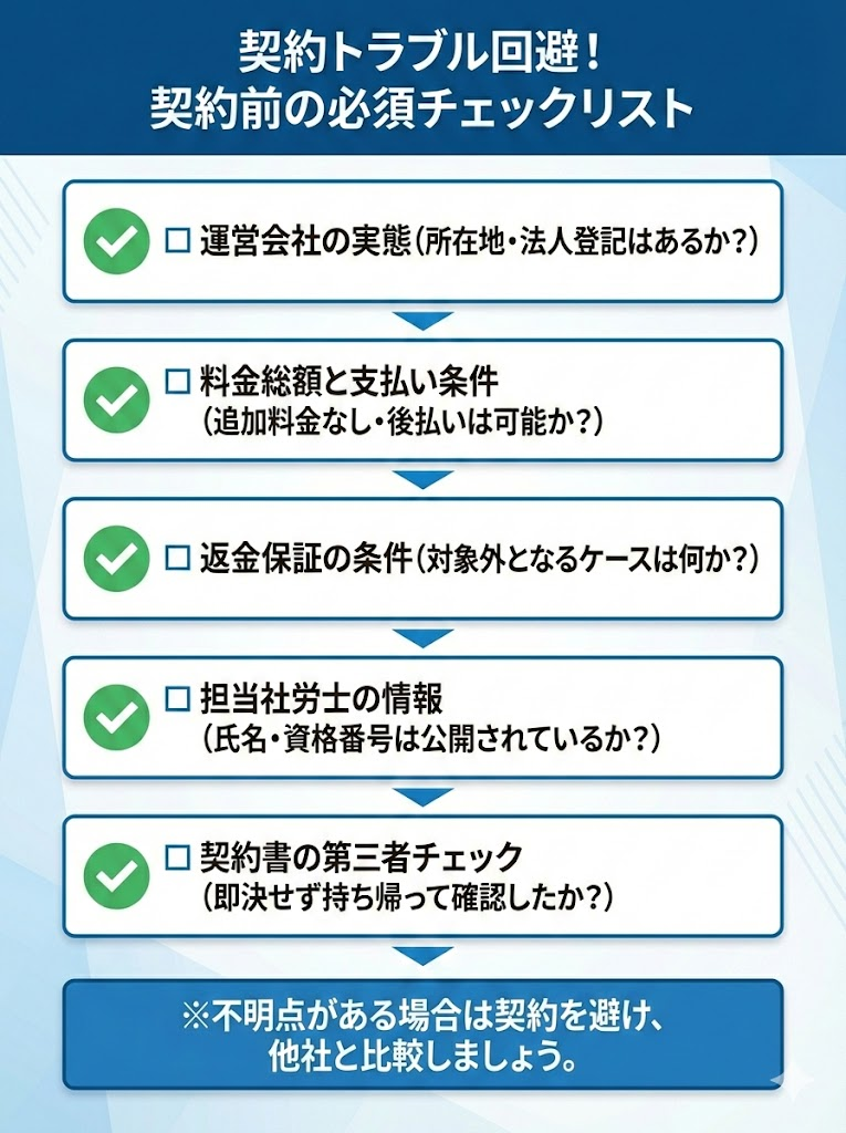 退職リトリート契約前に確認すべき5つのチェックリスト。運営実態、料金総額、返金条件、社労士情報、契約書内容の確認を促す図解。