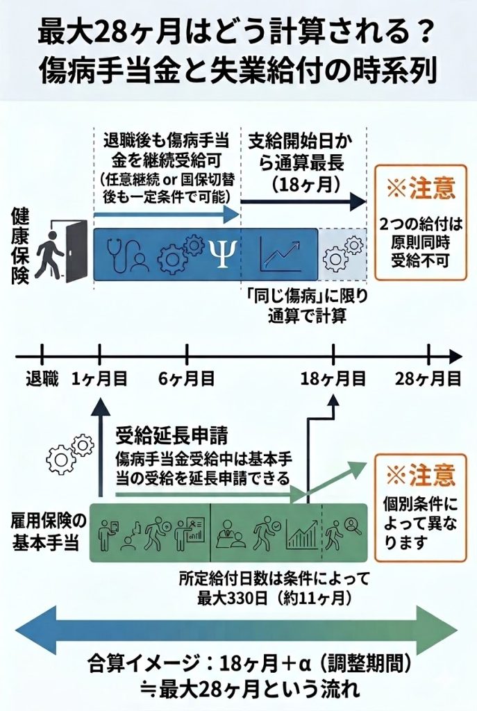 傷病手当金（最長18ヶ月）と雇用保険の基本手当（最大330日）が時系列でどう切り替わるかを示した図解。2つの給付は原則同時受給不可であることを図示。