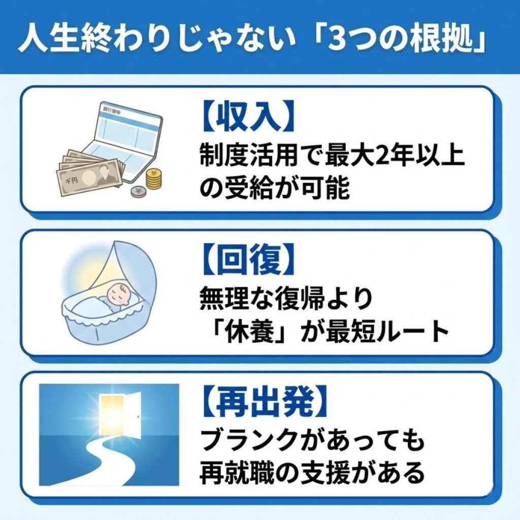 体調不良で退職しても人生が終わらない3つの理由(収入確保、休養の重要性、再就職支援)の図解。