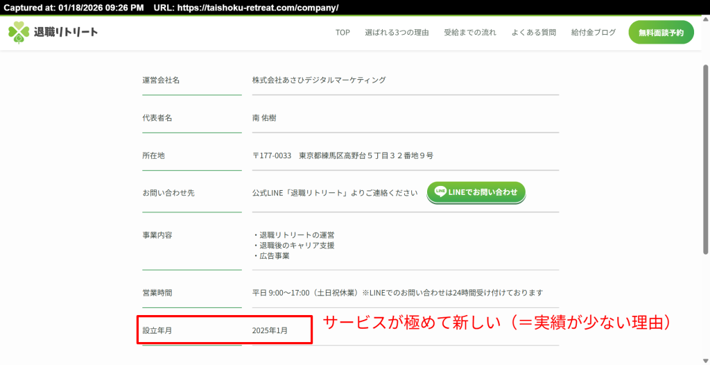 退職リトリート運営会社（株式会社あさひデジタルマーケティング）の設立年月