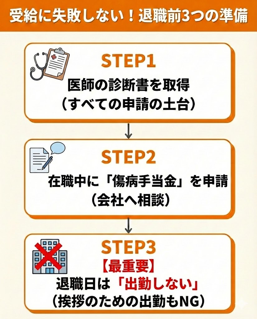 給付金を確実に受け取るための退職前3つの準備フロー。診断書取得、在職中の申請、退職日の欠勤を解説。