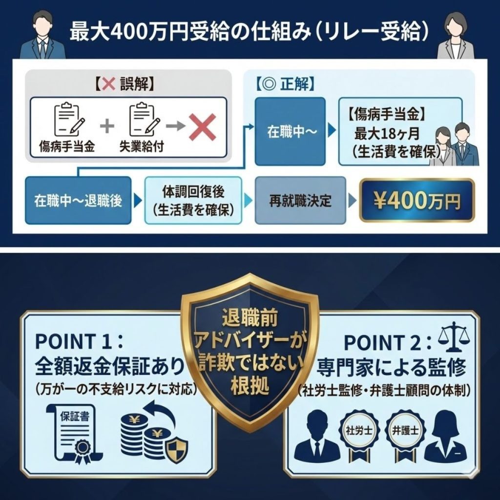 退職前アドバイザーが詐欺ではない3つの根拠。法人登記の確認、社労士・弁護士による監修体制、全額返金保証制度があることを図解。