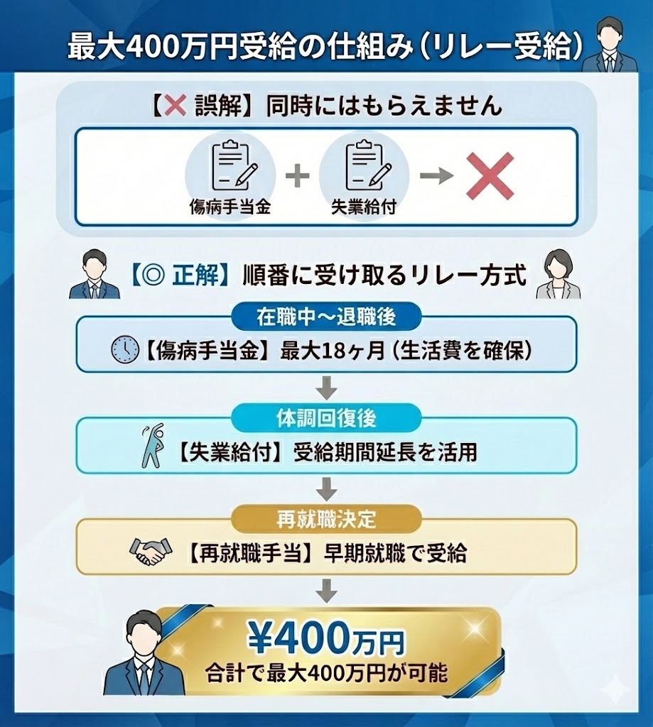 給付金最大400万円受給の仕組み図解。傷病手当金、失業給付、再就職手当を同時に受け取るのではなく、順番に制度を活用するリレー方式であることを解説。