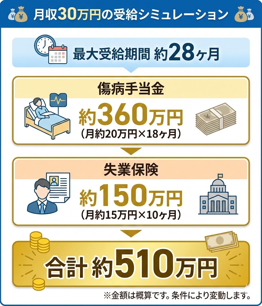 月収30万円の人が退職後に受け取れる給付金シミュレーション。傷病手当金と失業保険を合わせて合計約510万円