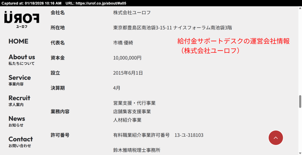 給付金サポートデスクの運営会社情報(株式会社ユーロフ・特定商取引法に基づく表記)