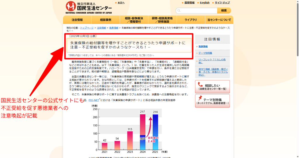 国民生活センターによる退職給付金サポートの注意喚起ページ（2025年12月3日発表）