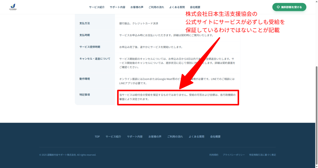 日本生活支援協会公式サイトの特商法ページにある給付金受給非保証の記載(2026年5月時点)
