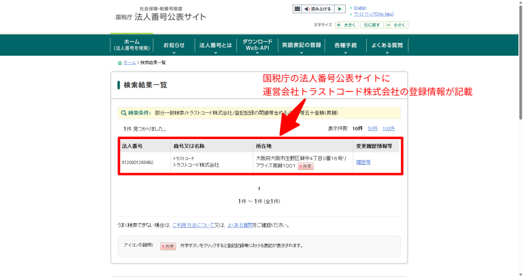 国税庁法人番号公表サイトでのトラストコード株式会社の登録情報(2026年5月時点)