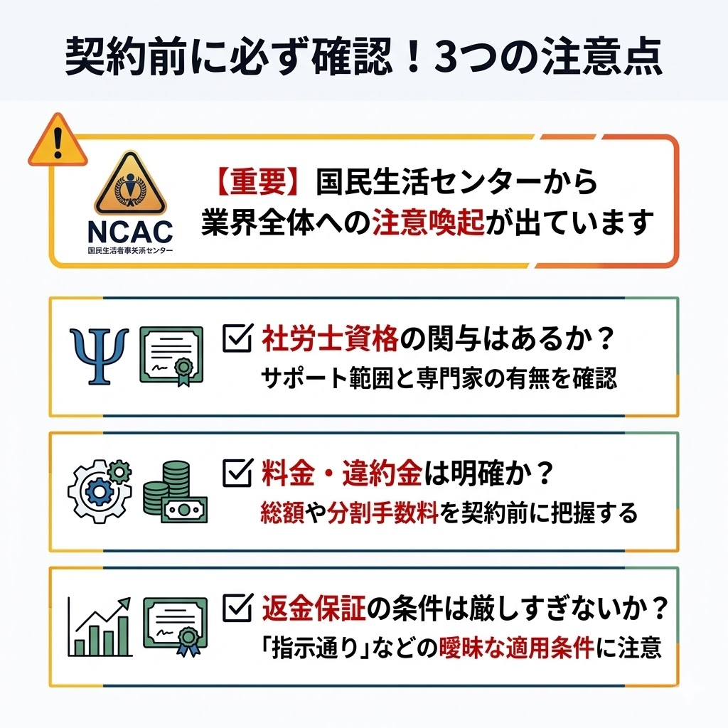給付金サポート契約前の3つの注意点。社労士資格の関与、料金と違約金、返金保証の条件の確認ポイントを図解