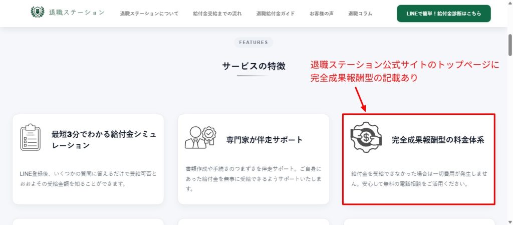 退職ステーション公式サービスページに「成果報酬型」と記載されている箇所（2026年5月時点）