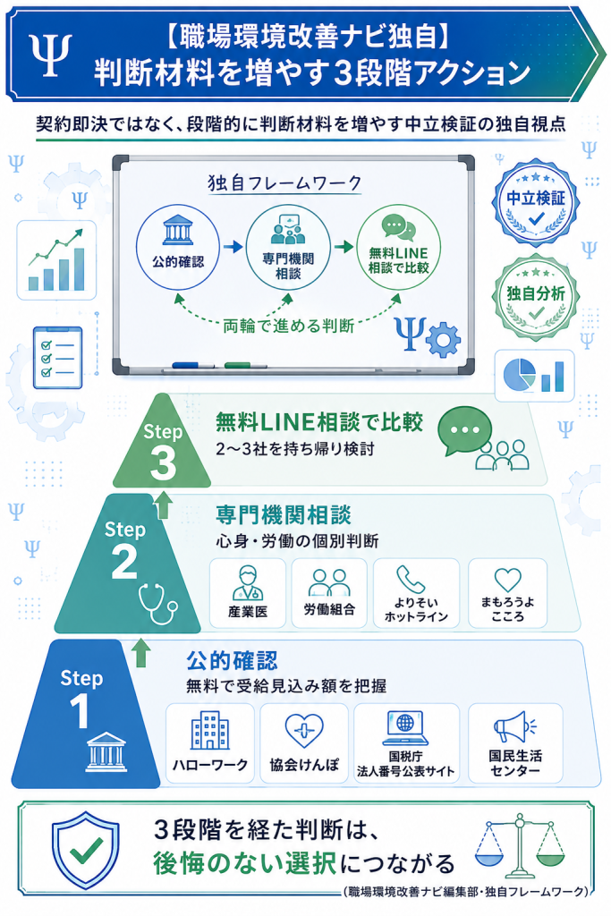 職場環境改善ナビ独自の3段階アクションフレームワーク(公的確認→専門機関→比較)の図解