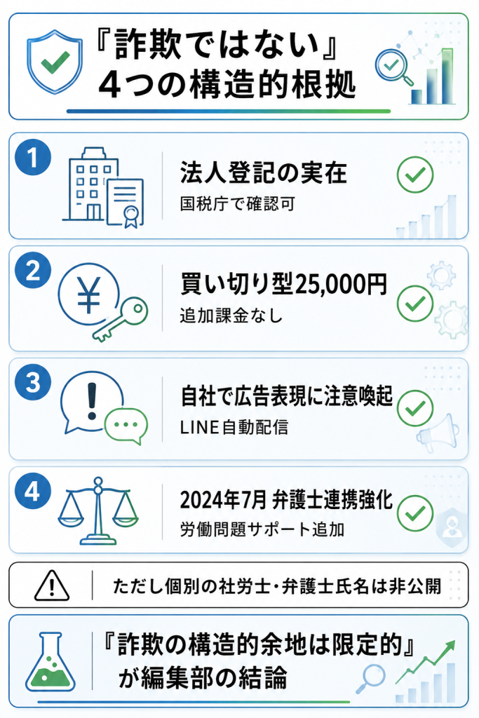 ヤメル君が詐欺ではないと判断できる4つの構造的根拠を整理した図解：法人登記・買い切り・自社注意喚起・弁護士連携