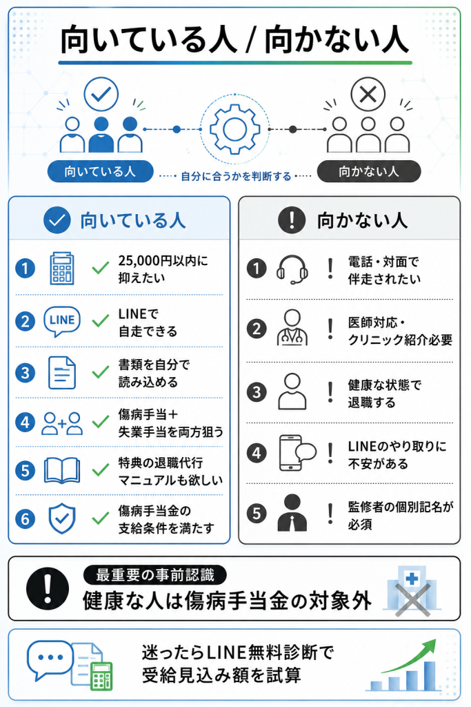 ヤメル君に向いている人6条件と向かない人5特徴を両論併記で整理した図解：健康な人は傷病手当金の対象外を強調